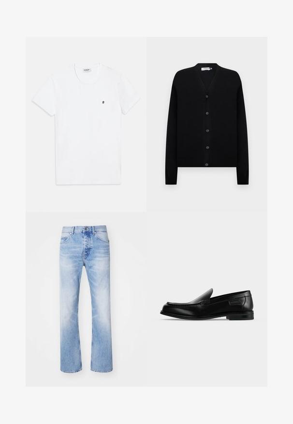 Schwarzer V-Ausschnitt-Cardigan mit langen Ärmeln und fünf Vorderknöpfen, mit gerippten Bündchen und Saum, auf einem schlichten hellen Hintergrund präsentiert.; Weißes Baumwoll-T-Shirt mit Rundhalsausschnitt und kurzen Ärmeln. Verfügt über ein kleines schwarzes "D"-Logo auf der linken Brustseite.; Hellblaue Denim-Jeans mit geradem Bein, im klassischen Fünf-Taschen-Design und einem dezenten Ausbleichmuster.; Schwarzer Leder-Slipper mit niedrigem Absatz, abgerundeter Spitze und dekorativer Naht entlang der oberen Kante.