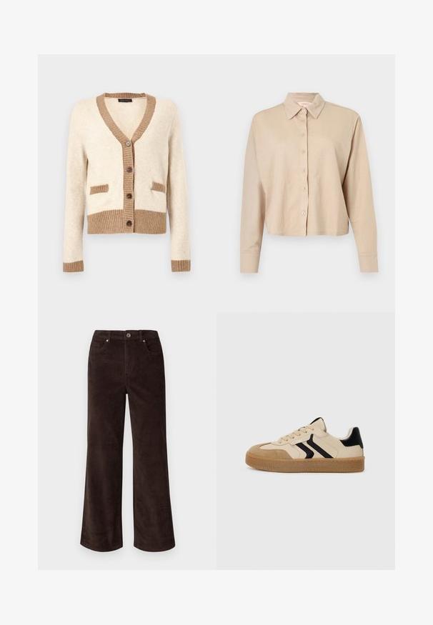 Cárdigan crema con ribetes acanalados marrones en el cuello, puños, dobladillo y solapas de los bolsillos, con cuatro botones marrones en la parte delantera.; Camisa cropped beige de manga larga con cuello y cierre frontal de botones, hecha de tela suave y ligera.; Vero Moda Petite VMTESSA PANTS - Pantalones - chocolate torte; Zapatillas beige con detalles negros, materiales de ante y cuero, diseño de corte bajo, puntera redonda, suela de goma texturizada en tono marrón y sistema de cordones.