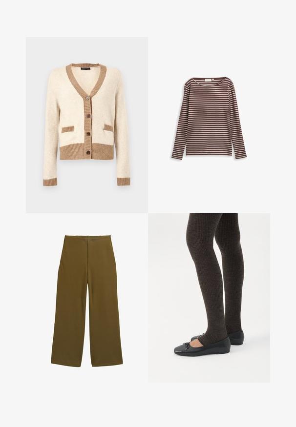 Cremefarvet cardigan med brun ribkant på krave, manchetter, kant og lommespidser, med fire brune knapper foran.; Langærmet, brun og creme-striped skjorte lavet af blødt stof. Har en rund halsudskæring og et tætsiddende design.; Bredde benbukser i olivengrønt stof, med en glat tekstur og ingen synlige lukninger. Designet til en afslappet pasform med rene linjer.; Ben iført mørke ribbede leggings kombineret med sorte balletsko med små sløjfedetaljer på hvid baggrund.
