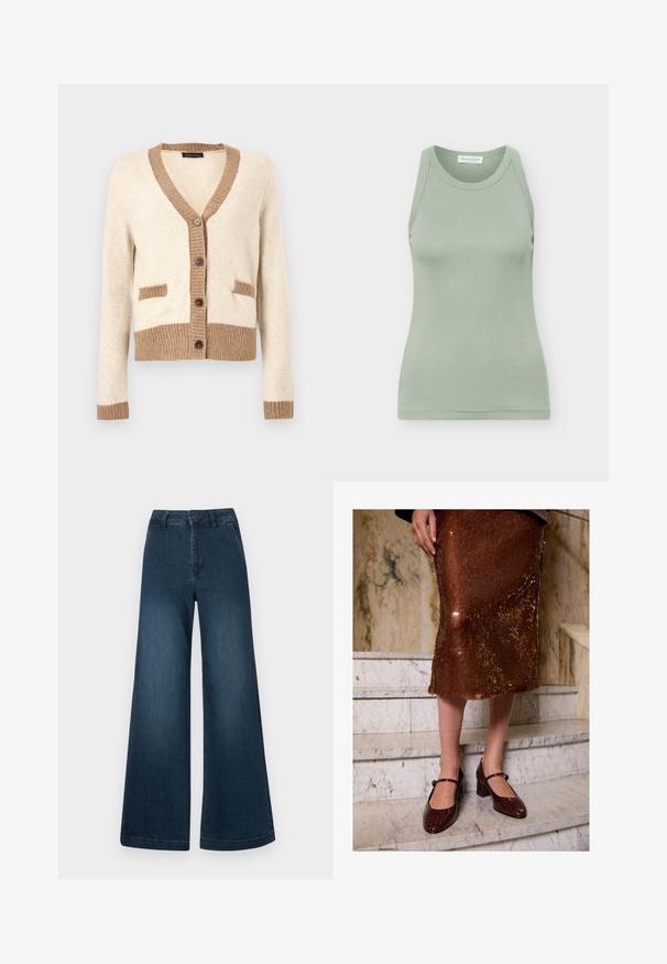 Cardigan crème avec bordure côtelée marron sur le col, les poignets, l'ourlet et les rabats des poches, avec quatre boutons marron sur le devant.; Débardeur ajusté vert clair sans manches avec encolure ronde et étiquette de marque visible à l'intérieur du col au dos.; Jean en denim bleu foncé, taille haute et jambes larges, avec poches avant et passants de ceinture sur fond blanc.; Femme portant une jupe midi en sequins bruns et des escarpins Mary Jane en crocodile texturé marron foncé, se tenant sur des escaliers en marbre.