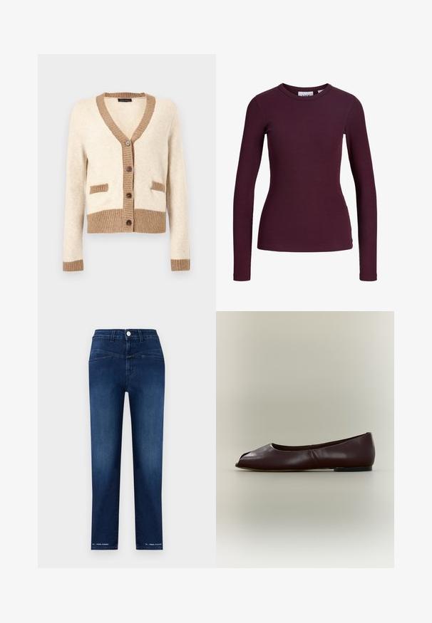 Cardigan crème avec bordure côtelée marron sur le col, les poignets, l'ourlet et les rabats des poches, avec quatre boutons marron sur le devant.; Haut ajusté à manches longues en maille côtelée violet foncé avec un col rond et sans boutons ni motifs visibles.; Jean droit bleu foncé avec bouton frontal, couture visible et texte "PEDAL PUSHER" près de l'ourlet sur les deux jambes.; Chaussure plate en cuir marron foncé avec bout ouvert et petit talon sur fond clair uni.