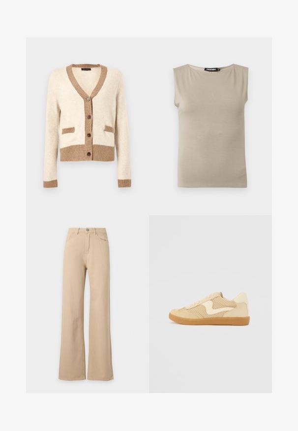 Cardigan crème avec bordure côtelée marron sur le col, les poignets, l'ourlet et les rabats des poches, avec quatre boutons marron sur le devant.; Haut beige en coton sans manches avec larges bretelles et col rond, taille moyenne, posé à plat sur fond blanc.; Pantalon beige taille haute, jambes larges, fermeture à boutons devant, poches avant et arrière, présenté sur fond blanc.; Sneaker beige avec des matériaux en daim et en maille, forme arrondie, col rembourré proéminent et semelle en caoutchouc gomme. Présente un accent de design en forme de vague.