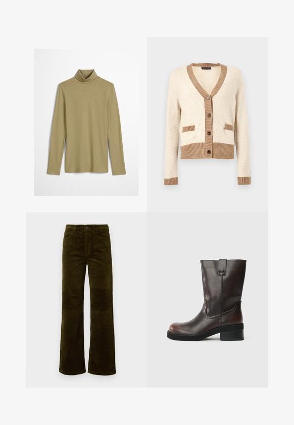 Crèmekleurig vest met bruine geribbelde biezen op de kraag, manchetten, zoom en zakkleppen, voorzien van vier bruine knopen aan de voorkant.; Langarm turtleneck-top in licht olijfgroen, met een slim fit en een gladde, licht gestructureerde stof zonder versieringen.; Corduroy flared broeken in diep olijfgroen. Voorzien van vijf zakken, een knoopsluiting en een verticale ribbeltextuur. Standaard pasvorm met een klassiek ontwerp.; Bruine leren enkelboot met een ronde neus, een mid-height blokhak en subtiele stiksels. Voorzien van een zij-haalriem voor gemakkelijke aan- en uittrekken.