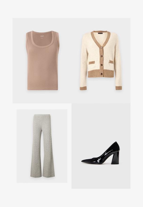 Cremefarvet cardigan med brun ribkant på krave, manchetter, kant og lommespidser, med fire brune knapper foran.; Ribbet, ærmeløs tanktop i en blød beige farve. Har en rund halsudskæring og en tætsiddende silhuet med glatte kanter.; Lysegrå strikkede bukser med kabelmønster, vide ben og en elastisk talje vist på en ensfarvet baggrund.; Sorte lakerede højhælede sko med spids tå og en kraftig hæl, der har en glat, skinnende overflade og et elegant design.