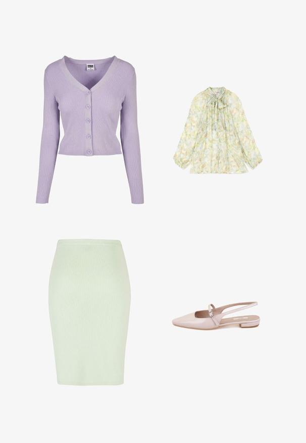 Cardigan lilas à côtes avec des manches longues, décolleté en V et six boutons assortis sur le devant, fabriqué en matériau tricoté doux.; Blouse transparente à manches longues avec motif floral pastel, boutons sur le devant et col noué en forme de nœud.; Jupe crayon en tricot de couleur vert menthe clair avec une texture à côtes verticales, forme ajustée et ceinture lisse. Idéale pour une tenue décontractée ou formelle.; Desa Ballerines - pink