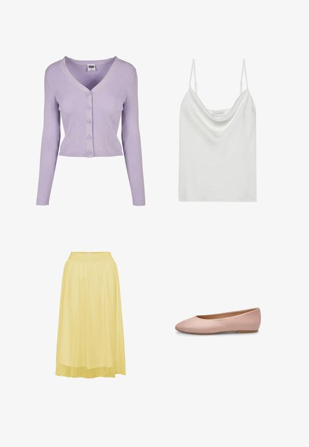 Lilla ribbet cardigan med lange ærmer, V-udskæring og seks matchende knapper ned ad fronten, lavet af blødt strikket materiale.; Hvid satin camisole med en draperet udskæring, tynde justerbare stropper og en lige afslutning. Mærket "ANNA FIELD" er synligt indeni.; Gul, plisseret midiskirt med en blød, blank overflade og elastisk talje, designet til komfort og bevægelsesfrihed.; Lyserød ballerina i læder med spids tå, glat tekstur, få detaljer og en solid lys brun sål. Enkelt design uden pynt.