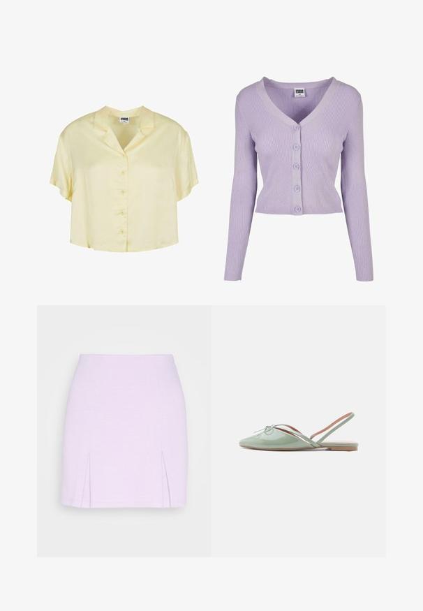 Cardigan lilas à côtes avec des manches longues, décolleté en V et six boutons assortis sur le devant, fabriqué en matériau tricoté doux.; Chemisier à manches courtes, avec col, en tissu jaune clair et doux. Comprend une fermeture à boutons sur le devant et une coupe décontractée et courte.; Even&Odd Minijupe - lilac; Chaussure plate brillante vert pâle à bout pointu avec bride arrière et petit nœud décoratif sur le dessus, vue de profil sur fond blanc.