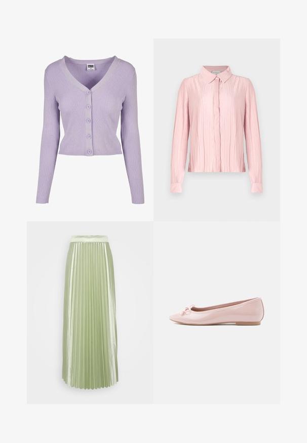 Lilla ribbet cardigan med lange ærmer, V-udskæring og seks matchende knapper ned ad fronten, lavet af blødt strikket materiale.; Rosa langærmet bluse med kravehals, der har en plisseret tekstur og knaplukning foran. Glat stof med kontrasterende manchetter.; Faldel med plisseringer i lysegrøn satinvævet med en bred talje, der skaber en glat, flydende silhuet.; Rosa lakballetsko med spids tå og en dekorativ sløjfe foran. Har en flad sål og sømløst design.