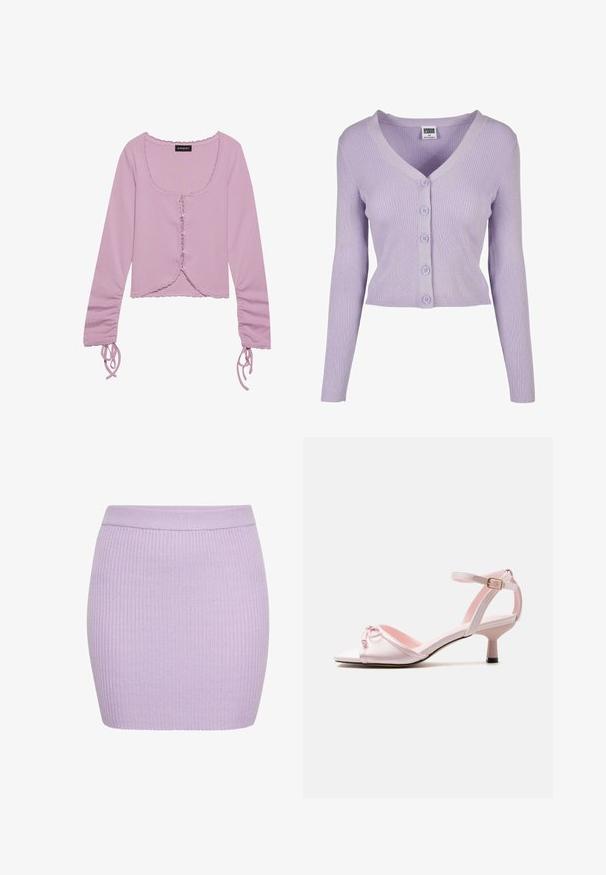 Lila geribde cardigan met lange mouwen, V-hals en zes bijpassende knopen aan de voorkant, gemaakt van zachte gebreide stof.; Lilak lange mouwen cropped top met een vierkante hals, knoopsluiting aan de voorkant, ruches aan de randen en verstelbare strikdetails op de mouwen.; Geribbelde minirok in lila, met een hoge tailleband en een strakke pasvorm. De stof heeft een zachte, rekbare textuur.; Lichtroze sandaal met open teen, kitten heel, enkelriempje met gesp en een kleine decoratieve strik op het voorste riempje.