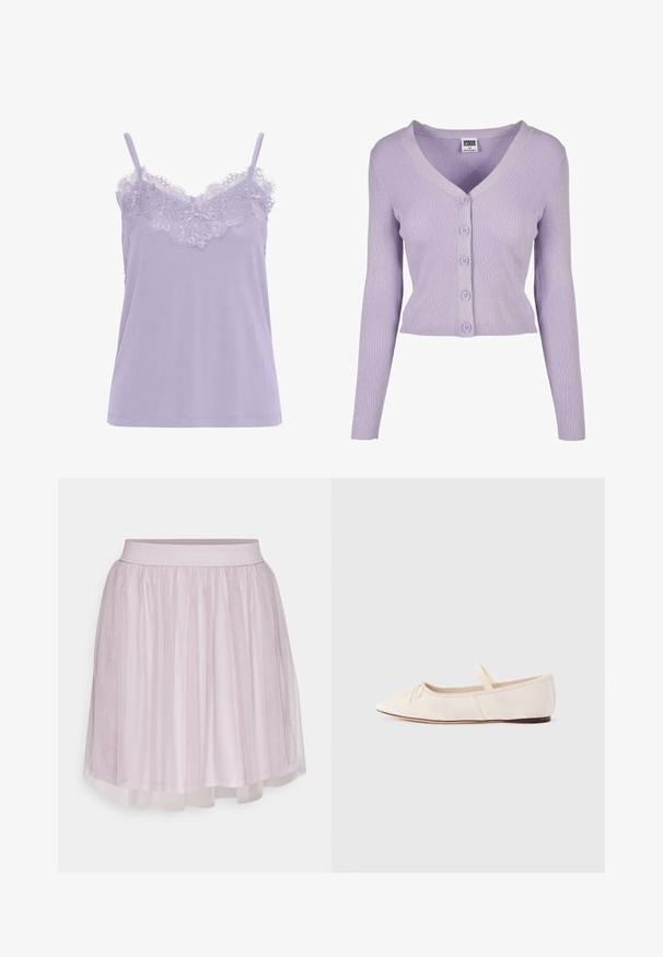 Cardigan lilas à côtes avec des manches longues, décolleté en V et six boutons assortis sur le devant, fabriqué en matériau tricoté doux.; Camisole lavande avec bordure en dentelle au niveau de l'encolure. Dotée de fines bretelles et d'une texture de tissu douce. Design droit, sans motifs visibles.; VILA VIDOLL SKIRT - Minijupe - nirvana; Ballerines en daim beige clair, bout pointu et fine bride élastique sur le dessus. Semelle plate avec un léger accent en caoutchouc.