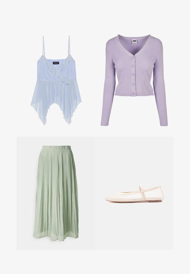 Lila geribde cardigan met lange mouwen, V-hals en zes bijpassende knopen aan de voorkant, gemaakt van zachte gebreide stof.; Even&Odd Top - sky blue; Geplooide midi rok van lichtgroene stof met een zachte textuur. Elastische tailleband, vloeiende uitstraling en subtiele glans overal.; Ballerina's met een doorschijnend beige mesh bovenwerk en een satijnen bandje, voorzien van een ronde neus en een lage bruine zool. Lichtgewicht en flexibel ontwerp.