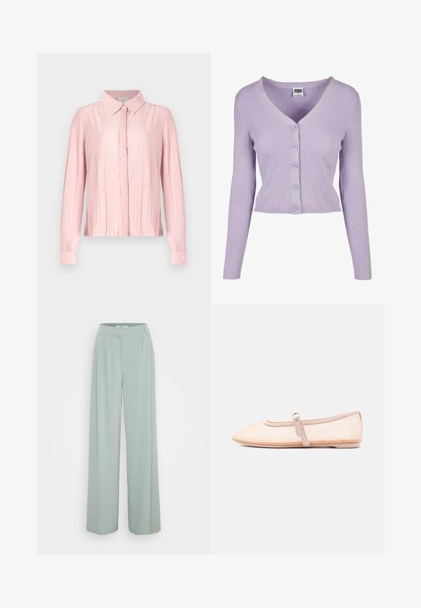 Lilla ribbet cardigan med lange ærmer, V-udskæring og seks matchende knapper ned ad fronten, lavet af blødt strikket materiale.; Rosa langærmet bluse med kravehals, der har en plisseret tekstur og knaplukning foran. Glat stof med kontrasterende manchetter.; Lysgrønne bukser med vide ben og en glat overflade, der har en flad bund og pressefolder ned ad benene.; Lys beige flad sko med spidst tåparti og en enkelt rem med spænde på siden, vist på en ensfarvet hvid baggrund.