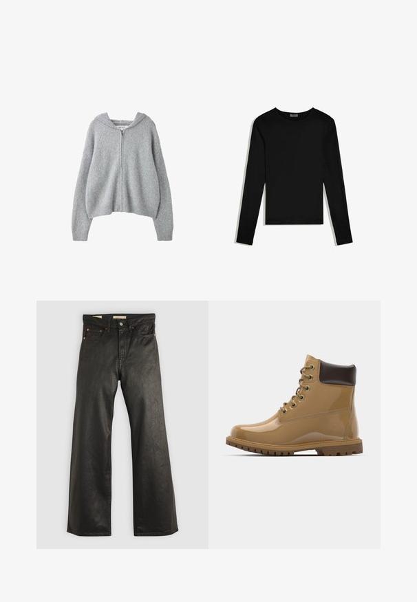 Lysegrå strikket cardigan med lynlås, lange ærmer og hætte, vist mod en hvid baggrund.; Sort langærmet crew neck-shirt, ensfarvet design, lagt fladt på en hvid baggrund.; Sorte denim bukser med brede ben og en glat tekstur, der har fem lommer og detaljer i kobberfarvet metal. Klassisk knaplukning.; Tan laklæder ankelstøvler med brune accenter, rund tå, seks metaløjer, brune snørebånd og struktureret gummisål.