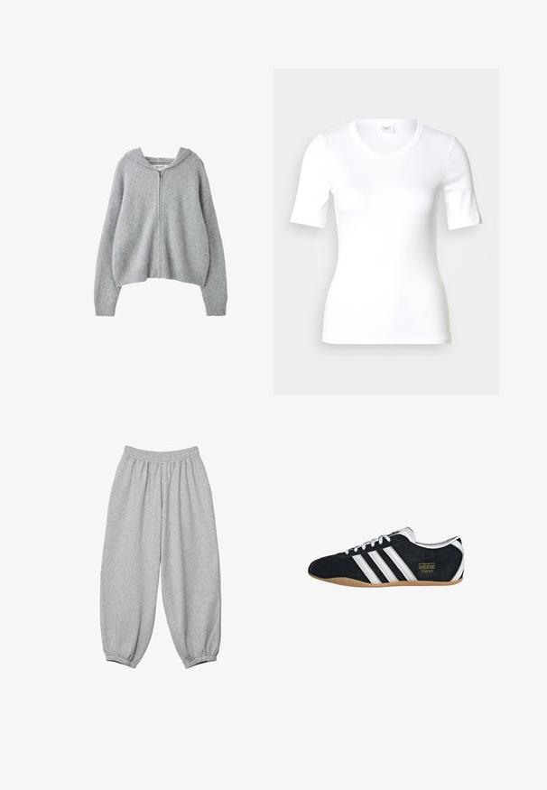 Cardigan tricoté gris clair à fermeture éclair, manches longues et capuche, présenté sur fond blanc.; T-shirt blanc à manches courtes en coton lisse, doté d'un col rond et d'une coupe ajustée. Design classique, sans motifs ni accents.; Pantalons de survêtement gris en tissu doux, avec une taille élastique et des poignets fuselés pour un ajustement décontracté. Sans poches externes.; Sneakers en suede noir avec trois bandes blanches, logo doré et semelle en caoutchouc marron. Présente un design à lacets à profil bas.