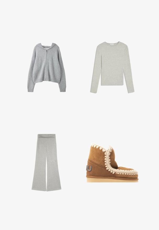 Lichtgrijze gebreide cardigan met rits, lange mouwen en een capuchon, afgebeeld tegen een witte achtergrond.; Lichtgrijs shirt met lange mouwen en ronde hals, een slanke pasvorm en zonder zichtbare patronen of logo's, platliggend op een witte achtergrond.; Lichtgrijze wijde broek met een hoge tailleband, gemaakt van zacht, rekbaar materiaal, plat gelegd op een witte achtergrond.; Bruine suède enkellaars met een decoratieve crèmekleurige stiksel langs de bovenrand en een metalen logo-detail aan de buitenkant. Platte zool.