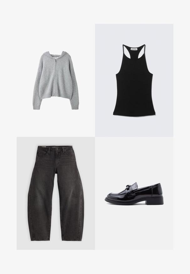 Lysegrå strikket cardigan med lynlås, lange ærmer og hætte, vist mod en hvid baggrund.; Sort ærmeløs racerback-top med "WEEKDAY" label på øvre ryg, vist på en lys grå baggrund.; Sorte denim jeans med en afslappet pasform, der har fem lommer, knaplukning og subtil fading. Stoffet har en glat, robust tekstur.; Sort loafers i laklæder med blokhæl og dekorativ remdetalje, vist i sideprofil på en hvid baggrund.