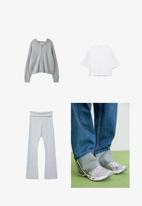 Cardigan tricoté gris clair à fermeture éclair, manches longues et capuche, présenté sur fond blanc.; T-shirt blanc à manches courtes, coupe carrée, en coton doux. Présente un col rond et des manches larges, avec un design épuré et simple.; Leggings grises évasés avec une large ceinture douce, fabriquées dans un tissu lisse et extensible. Présentent une coupe ajustée et une longueur cheville.; Des chaussures de sport grises en matériau mesh avec des accents blancs, associées à un jean en denim bleu retroussé aux chevilles.