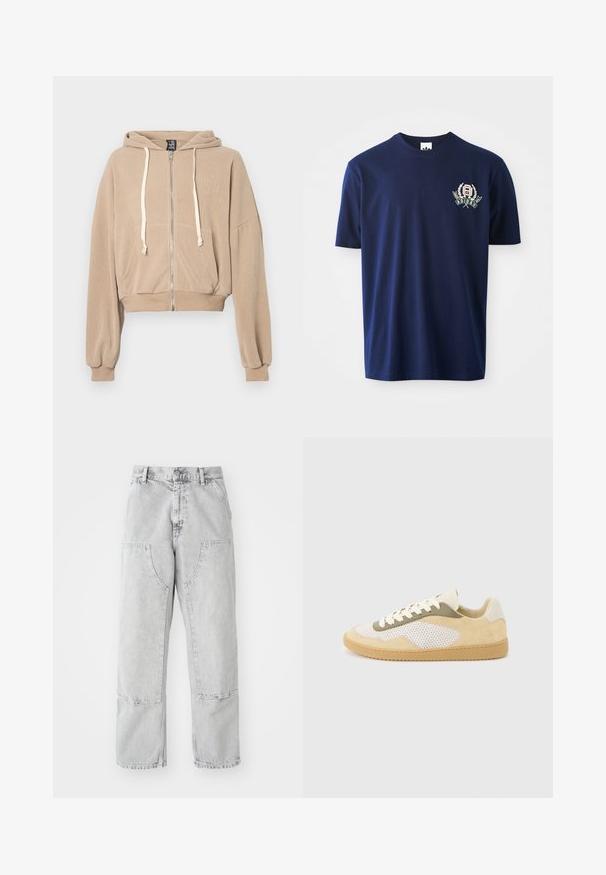 Beige cropped-huppari, jossa on vetskari edessä, kiristysnauha hupussa ja sivutaskut. Ominaisuuksiin kuuluu volyymikkaat hihat ja ribatut hihansuut. Pehmeä materiaali.; Laivansininen puuvillapaita, jossa on lyhyet hihat, pyöreä kaula-aukko ja brodeerattu logo, jossa on laakerisojat vasemmassa rinnassa.; Harmaat farkut, joissa on löysä istuvuus, suuret sivutaskut, näkyvät tikkaukset ja suora lahkeiden muoto. Vyötäröllä vyölenkit.; Matalavartinen tennari, jossa on beigenväristä mokkaa, valkoiset verkkokankaiset paneelit, oliivinvihreät yksityiskohdat, valkoiset nauhat ja ruskeakumipohja vaaleanharmaalla taustalla.