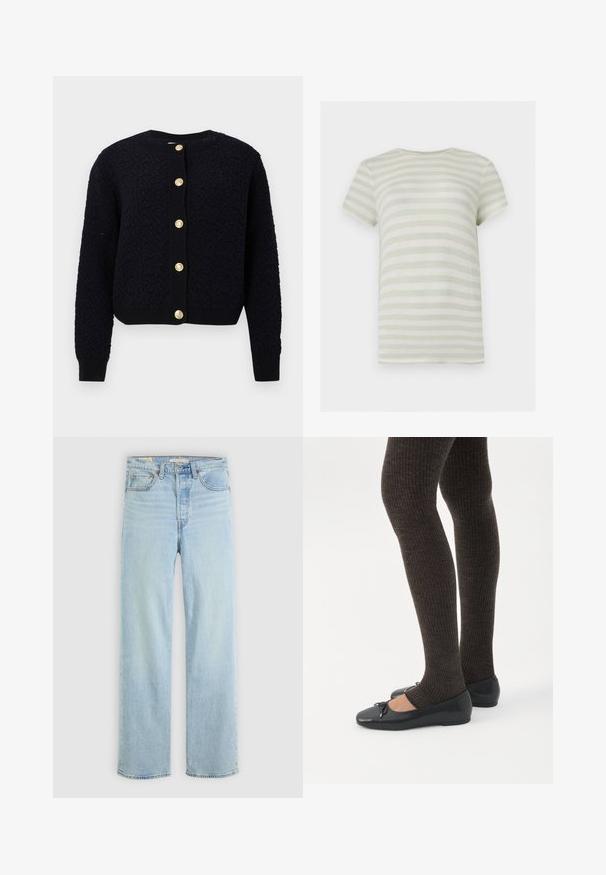 Gilet en tricot bleu marine avec un motif texturé, encolure ronde et cinq boutons dorés sur le devant. Poignets et ourlet côtelés.; T-shirt manches courtes col rond avec des rayures horizontales vert clair et blanches, dos uni et texture en maille côtelée.; Jean en denim bleu clair avec une coupe droite, comportant cinq poches, une fermeture éclair classique et des accents de couture visibles.; Jambes portant des leggings côtelés foncés associés à des ballerines noires avec de petits détails en nœud sur fond blanc.