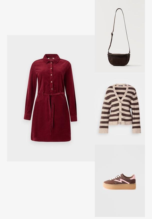 Brun og beige stribet cardigan med V-hals, lange ærmer, knaplukning og ribbede manchetter og kant. Blødt strikket materiale.; Burgunderfarvet kordfløjlskjortekjole med lange ærmer, knaplukning foran, krave og taljebånd. Har sidelommer og en let udsvingende nederdel.; Brune og lyserøde platform sneakers lavet af ruskind og læder. Har hvide snørebånd, et bølgedesign og en struktureret gummisål.; Mørkebrun ruskind skuldertaske med justerbar rem og frontlynlås-lomme, stående mod en ensfarvet lys baggrund.
