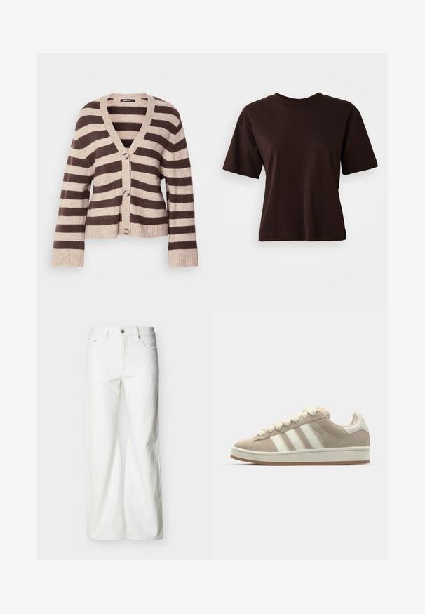 Cardigan a rayas marrón y beige con escote en V, mangas largas, cierre de botones y puños y bajo acanalados. Material de punto suave.; Camiseta de algodón marrón, de manga corta, con cuello redondo, corte relajado, textura suave, sin patrones ni acentos visibles. Diseño simple.; Vaqueros blancos de talle alto y pierna recta con botón frontal, cierre de cremallera y bolsillos laterales y traseros, sobre un fondo liso y claro.; Zapatillas de ante marrón con rayas y cordones de cuero blanco, suela de goma, cuello acolchado y detalles texturizados en la parte superior.