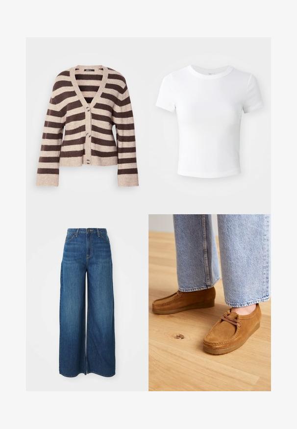 Bruine en beige gestreepte cardi met een V-hals, lange mouwen, knoopsluiting en geribde manchetten en onderkant. Zachte breimateriaal.; Effen witte cropped t-shirt met korte mouwen en ronde hals, weergegeven op een neutrale lichte achtergrond.; Hoge taille wijde blauwe denim jeans met voorkruiken, riemlussen, knoopsluiting en zichtbare stiksels op een witte achtergrond.; Bruine suède schoenen met een ronde neus en een tan rubberen zool, voorzien van een simpel vetersysteem, gecombineerd met lichtblauwe denim broek.
