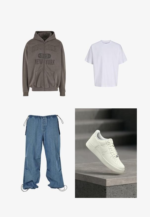 Sudadera con capucha gris con cremallera, hecha de tela suave, con bolsillo tipo canguro, puños de canalé y texto gráfico en el pecho: "KARL KANI 89 NEW YORK."; Camiseta blanca lisa de manga corta, de gran tamaño, con cuello redondo y corte holgado sobre un fondo blanco.; Pantalones de mezclilla azul claro con cintura elástica, puños con cordón y bolsillos laterales. La tela parece suave con una textura ligeramente descolorida.; Zapatilla deportiva de cuero blanco con diseño de perfil bajo, superficie texturizada, perforaciones en la punta y detalles plateados en los cordones y la marca.