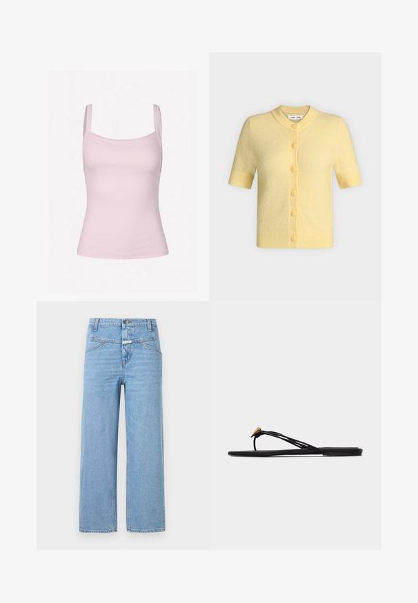 Cardigan jaune pastel à manches courtes, col rond, poignets et ourlet côtelés, avec six boutons assortis sur le devant.; Débardeur rose clair côtelé avec de fines bretelles, présentant une coupe ajustée et une texture lisse, adapté pour le superposition ou une tenue décontractée.; CLOSED STOVER - Jean boyfriend - light blue; Sandale plate noire en forme de tongs avec plusieurs fines lanières et une petite déco dorée en forme de larme sur la lanière avant.