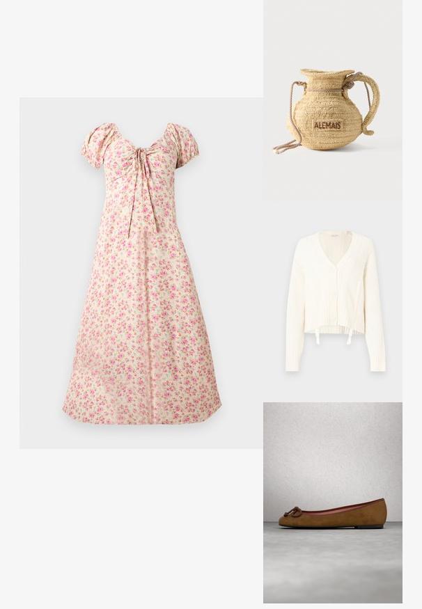 Hvid cardigan i kabelstrik med V-hals, fem knapper, ribstrikkede manchetter og en croppet design med to snoretræk i kanten.; Creme midi-kjole med puffede ærmer, pink blomsterprint, rynket balkonette og bindedetalje foran i midten.; Brune ruskinds ballerina med afrundet tå, med en knyttet detalje på fronten, tynd rød kant og en flad sort sål.; Rund flettet stråtaske med håndtag af reb og "ALEMAIS" broderet på siden med brunt garn.