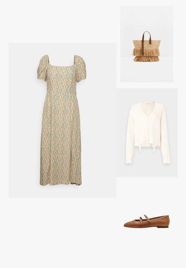 Cardigan blanc en maille torsadée avec encolure en V, cinq boutons, poignets côtelés et design court avec deux cordons de serrage à l'ourlet.; Even&Odd Robe de jour - green/pink; Ballet flats en cuir marron avec deux sangles ajustables, boucles carrées, design à bout pointu et semelle en caoutchouc plate. Texture lisse avec une finition mate.; Sac cabas en paille tissée avec deux couches de franges en paille et des poignées en cuir marron, debout sur une surface blanche.