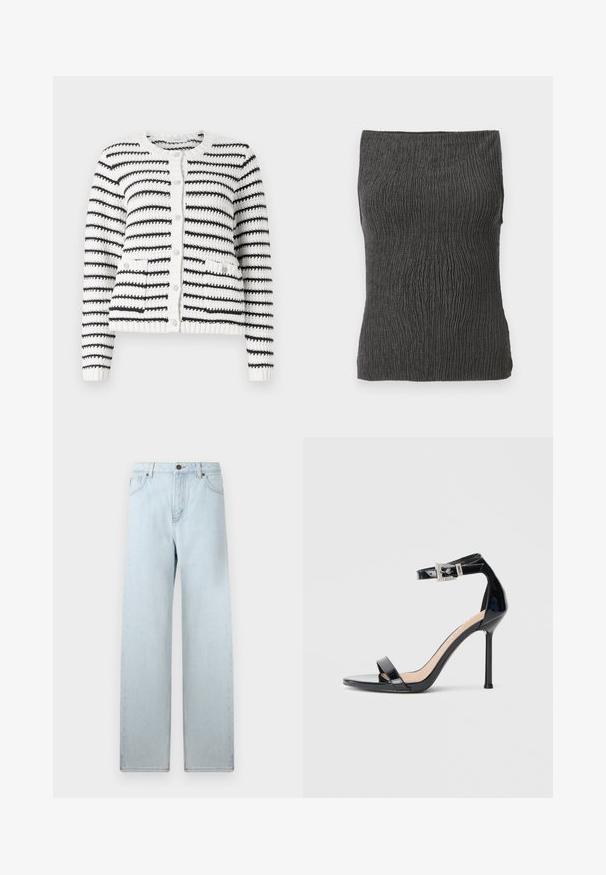 Copenhagen Muse KOTOM CARDIGAN - Vest - jet stream/black; Donkergrijs, geribbeld, mouwloos buis-topje met een rekbare textuur, plat weergegeven tegen een witte achtergrond.; Lichtblauwe wijde spijkerbroek met hoge taille, voorzakken en knoopsluiting. Britse denimtextuur, minimale vervaging, rechte pijpdesign.; Zwarte sandalen met hoge hak van lakleer en een enkelriempje. Heeft een minimalistisch ontwerp, open teen en een gesp met strass-steentjes.
