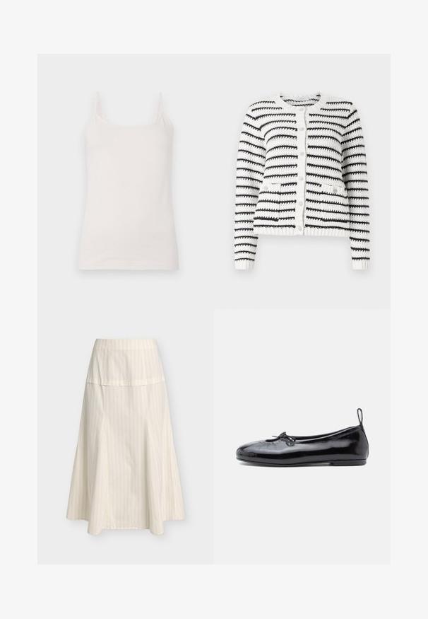 Copenhagen Muse KOTOM CARDIGAN - Gilet - jet stream/black; Camisole beige clair avec des fines bretelles, en tissu doux. Design simple, légèrement ajusté, avec un décolleté arrondi et sans motifs.; Jupe trapèze crème avec fines rayures verticales et une large ceinture ajustée, longueur au genou et ourlet fluide.; Ballerine en cuir verni noir avec un bout rond, un petit nœud décoratif et une texture lisse ; présente une semelle plate basse et une languette au talon.
