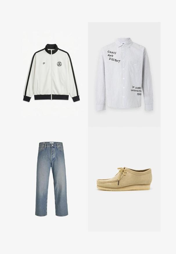 Witte sportjas met ritssluiting, zwarte kraag, manchetten en strepen op de mouwen, met twee logo's op de borst en zijzakken.; Wit overhemd met knopen, voorzien van dunne zwarte verticale strepen en zwarte tekst met de woorden "CHAOS AND DISSENT" en "IN SEARCH UNCONDITIONAL FREE" aan de voorkant.; Lichtblauwe denim jeans met een losse pasvorm, hoge taille en rechte pijpen. Bevat voorzakken en een metalen knoopsluiting.; Beige suède schoen met een vetersluiting, gestikte details en een rubberen zool. De vorm is casual met een lichte sleehak.