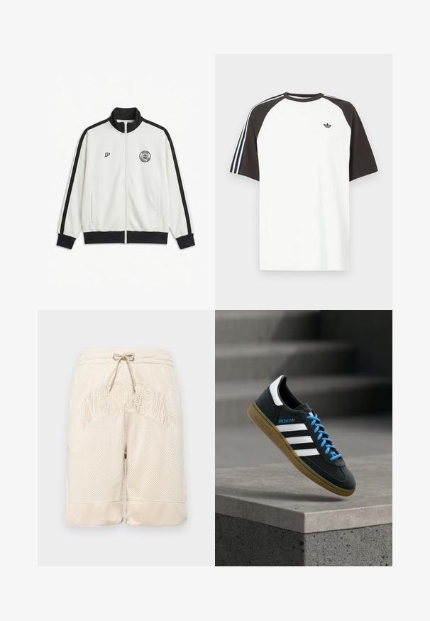 Weisse Sportjacke mit Reißverschluss, schwarzem Kragen, Bündchen und Streifen an den Ärmeln, mit zwei Logos auf der Brust und seitlichen Taschen.; Weißes T-Shirt mit schwarzen Raglanärmeln, das blaue Streifenakzente auf den Schultern und ein kleines schwarzes Logo auf der Brust aufweist.; Beige Netzshorts mit strukturierten Oberflächen, ausgestattet mit einem Kordelzugbund und dem auffällig auf der Vorderseite gestickten "NEWERA"-Logo.; Schwarzer Adidas-Sneaker mit weißen Streifen, blauen Schnürsenkeln und Gummisohle, der über einer grauen Betontreppe im weichen Licht schwebt.