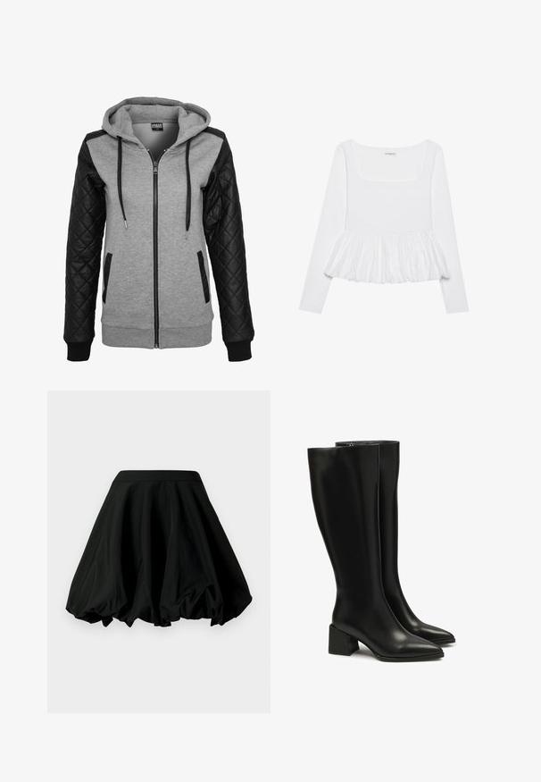 Sweat à capuche gris zippé avec une manche droite en simili cuir noir matelassé, poignets élastiques et poches avant. Capuche avec cordon de serrage et tissu lisse.; Haut blanc à manches longues avec un décolleté carré, doté d'un ourlet peplum froncé en tissu texturé. Étiquettes visibles au niveau du cou.; Jupe patineuse noire avec une taille cintrée et une forme évasée et fluide. Fabriquée en matériau léger, avec une texture lisse et un design fluide.; Bottes en cuir noires montant jusqu'aux genoux, avec un bout pointu et un large talon bloc. Texture lisse, couture minimaliste, et détail de fermeture éclair simple.
