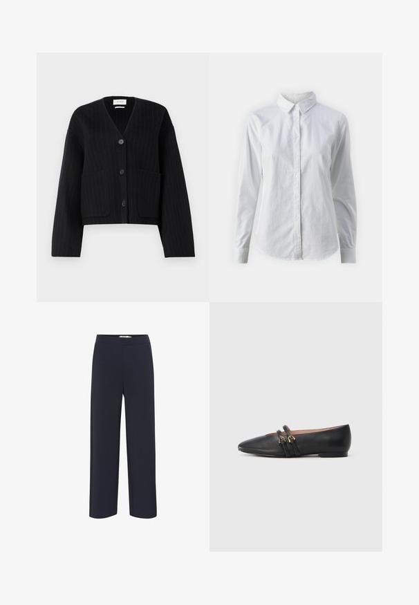 Sort vest cardigan med striber og knapper, V-hals og to frontlommer på ensfarvet hvid baggrund.; Hvid skjorte med knapper lavet af glat bomuld, der har en klassisk krave, lange ærmer og en buet kant. Knapperne er små og hvide.; Marineblå bredbenede bukser lavet af blødt stof med elastisk talje og uden synlige lommer eller udsmykninger.; Sorte læder flade sko med spids tå, der har to sorte remme med gyldne hardware-detaljer. Glat tekstur og lav hæl.