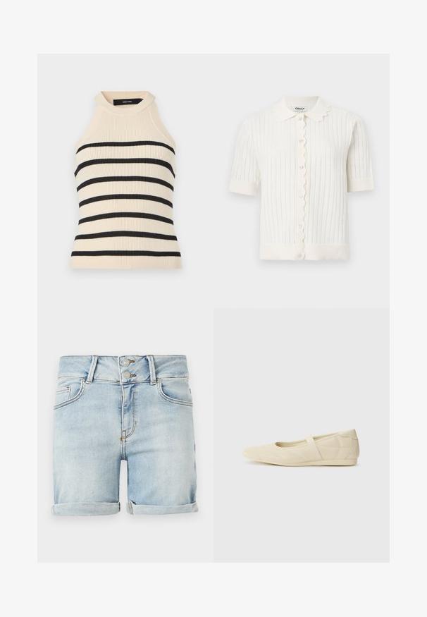 Hvid kortærmet strikket cardigan med bølget krave og knaplukning foran, med lodret ribstrikket tekstur og manchetter på ærmerne.; Ærmeløs top med ribstrik i creme med sorte horisontale striber. Design med høj hals. Blød tekstur, kropsnær silhuet og minimalistisk æstetik.; Lyseblå denimshorts med opbukket kant, dobbelt knaplukning, bæltestropper samt lommer foran og bagpå.; Lysebrune ballet flats med en glat læderoverflade, mandelformet tå og elastisk rem over vristen, med diskrete syninger.