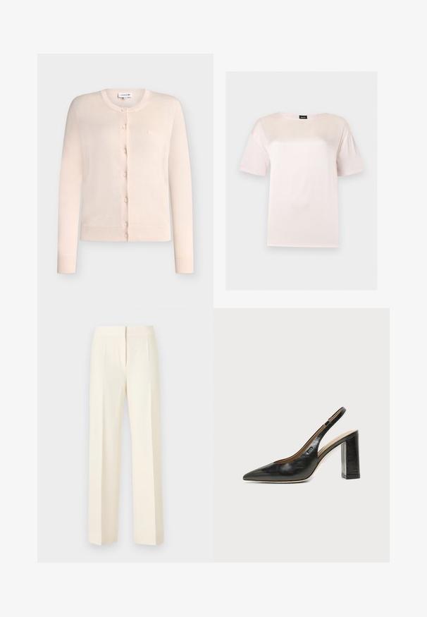 Cardigan rose clair à manches longues boutonné, avec poignets et ourlet côtelés, col rond et petit logo brodé sur la poitrine.; T-shirt en coton rose clair à manches courtes avec un col rond et une étiquette noire de la marque BOSS à l'intérieur du col.; Pantalon droit sur mesure couleur blanc cassé avec pli avant, ceinture et fermeture avant dissimulée sur un fond uni.; Chaussure slingback en cuir noir à bout pointu avec un talon bloc haut et une doublure intérieure beige sur un fond clair uni.