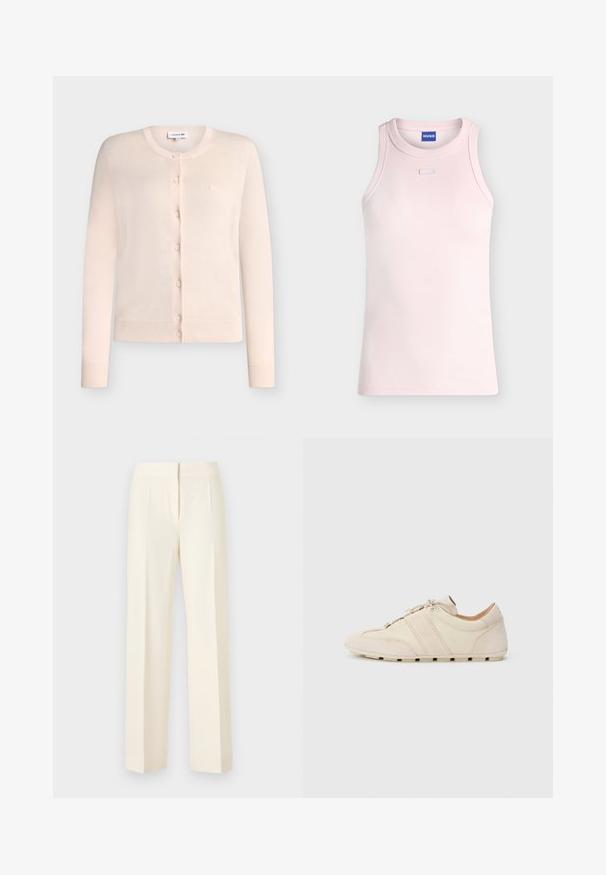 Cardigan rose clair à manches longues boutonné, avec poignets et ourlet côtelés, col rond et petit logo brodé sur la poitrine.; Débardeur côtelé rose clair sans manches avec un col rond et un petit détail rectangulaire en tissu sous le col, étiquette HUGO à l'intérieur du col.; Pantalon droit sur mesure couleur blanc cassé avec pli avant, ceinture et fermeture avant dissimulée sur un fond uni.; Baskets avec une tige en cuir crème et daim, présentant deux bandes horizontales beiges et une semelle en caoutchouc, design à bout arrondi, fermeture à lacets.