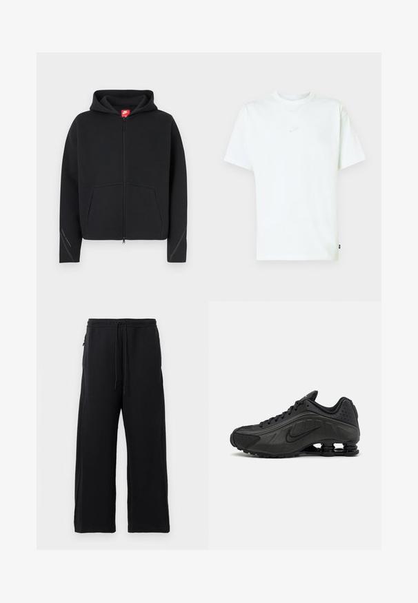Sort lynlås-hættetrøje med forlomme, tekstureret stof, hætte med snøre og rød Nike-logo på nakkemærket. Har påsyede detaljer på ærmerne.; Hvid bomuld T-shirt med rund hals, korte ærmer og lille præget Nike-logo på brystet. Blød tekstur og afslappet pasform.; Sorte joggingbukser lavet af blødt stof, med snoretræk i livet, bred ben-design og sidelommer med en glat overflade.; Sorte løbesko med en glat syntetisk overdel, perforerede detaljer, teksturerede sidedele og en distinkt fjedrende sål.