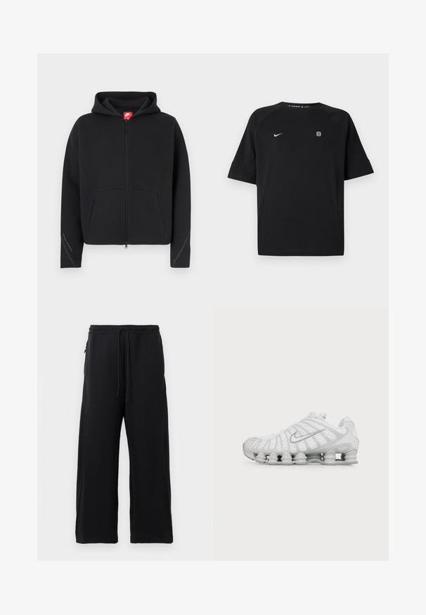 Musta vetoketjullinen huppari, jossa on etutasku, teksturoitu kangas, kiristysnauhalla varustettu huppu ja punainen Nike-logo kaulanauhassa. Hihansuissa on ommellut yksityiskohdat.; Musta lyhythihainen Nike-urheilupaita, jossa valkoinen swoosh-logo vasemmassa rinnassa ja pieni neliömäinen merkki oikeassa rinnassa, yksivärinen tausta.; Mustat collegehousut, jotka on valmistettu pehmeästä kankaasta. Niissä on nauhavyötärö, leveät lahkeet ja sivutaskut, joissa on sileä pinta.; Valkoinen Nike-tennari, jossa on erottuva aaltoileva muotoilu ja kevyt vaimennus pohjassa, sivulta katsottuna yksivärisellä taustalla.