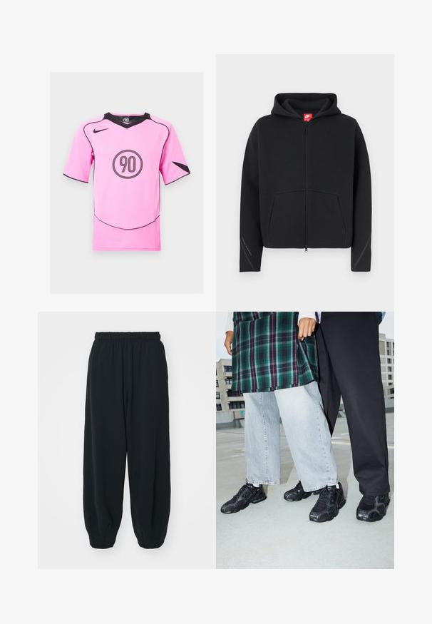 Sort lynlås-hættetrøje med forlomme, tekstureret stof, hætte med snøre og rød Nike-logo på nakkemærket. Har påsyede detaljer på ærmerne.; Pink Nike fodboldtrøje med sorte detaljer og et rundt "90" logo i midten. Korte ærmer, V-hals og mesh-detaljer i siderne.; Sorte svedbukser med elastisk talje, løs pasform, afsluttede ankler, glat tekstur og uden synlige mønstre eller hardware-detaljer.; Sorte atletik sko med mesh- og gummidetaljer. Båret med lysegrå vide jeans og en ternet grøn bluse. Flad overflade i baggrunden.