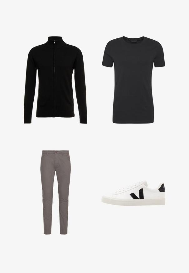 INDICODE JEANS CHANCELLOR - Cardigan - black; Sort bomulds t-shirt med rund halsudskæring, korte ærmer og regular fit. Har en glat overflade og minimalistisk design.; Grå bomulds chinos med lige pasform, der har knaplukning, standardlommer og minimalistisk design. Glat tekstur og ingen mønstre.; Hvide lædersneakers med sorte ruskindsdetaljer; har en gummisål, rund tå og klassisk snørebåndsdesign. Side logo i sort.