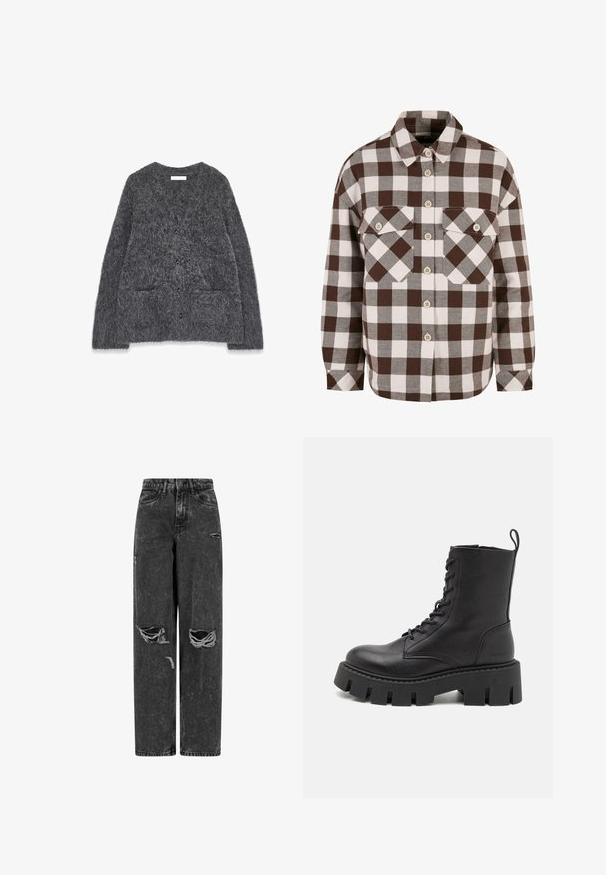 Cardigan gris, moelleux, avec une texture douce, encolure arrondie, poches avant et six boutons noirs sur le devant.; Chemise à carreaux marron et blanc avec deux poches poitrine, dotée d'un col classique et d'une fermeture à boutons sur le devant. Texture de tissu douce.; Jean noir taille haute, large, avec des genoux déchirés et des détails usés sur fond blanc.; Bottine noire en cuir avec un devant à lacets, semelle épaisse et tirette en boucle ; texture lisse et branding subtil sur le talon.