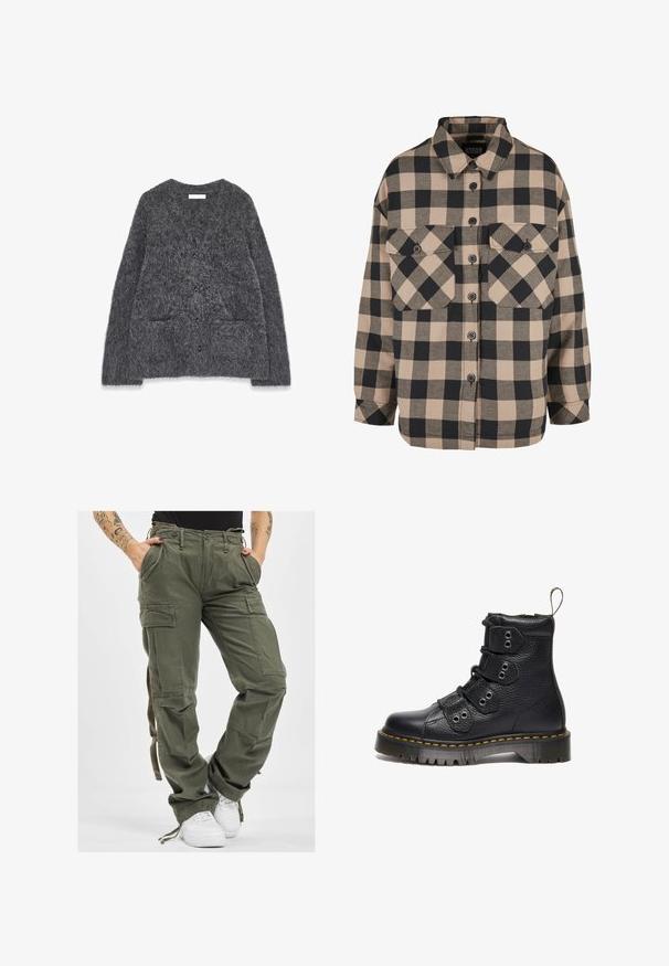 Grå, fuzzy cardigan med en blød tekstur, rund halsudskæring, for-placerede lommer og seks sorte knapper ned i midten.; Rutet flannel skjorte i beige og mørkegrå. Har en knap-ned front, to brystlommer og en nedfoldet krave. Løs pasform.; Olivengrønne cargo-bukser med flere lommer, snøre i taljen og afslappet pasform. Stoffet har en blød tekstur og en robust, holdbar fremtoning.; Sorte læder ankelstøvler med en struktureret overflade, tre sæt snørehuller og gule sømme på en tyk sål. Har en pull-tab ved hælen.