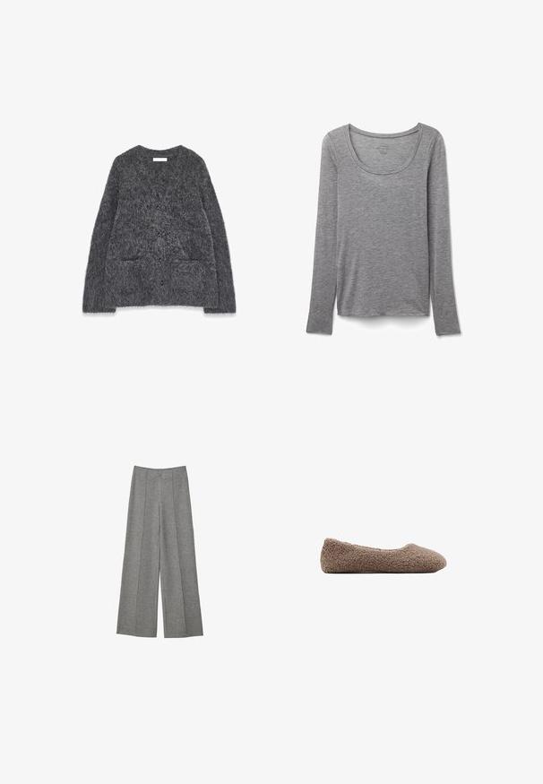 Grå, fuzzy cardigan med en blød tekstur, rund halsudskæring, for-placerede lommer og seks sorte knapper ned i midten.; Grå langærmet crewneck trøje lavet af blødt stof, lagt fladt på en hvid baggrund, der viser frontudsigt og enkelt design.; Grå vidde bukser lavet af et tekstureret stof. Har folder, der løber ned ad fronten, en talje og ingen synlige lukninger.; Brun, fleece-fodret ballet flats med rund tå. Blød tekstur og sømløst design, der har en lav profil. Ingen synlige detaljer.