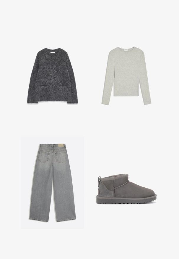 Grå, fuzzy cardigan med en blød tekstur, rund halsudskæring, for-placerede lommer og seks sorte knapper ned i midten.; Lysegrå langærmet crewneck-trøje med slim fit og uden synlige mønstre eller logoer, lagt fladt på en hvid baggrund.; Grå vidbenede denimjeans der viser bagsiden med to lommer og bæltestropper lagt fladt på hvid baggrund.; Grå ruskinds ankelstøvler med en blød indersål, minimal syning og en formstøbt gummisål. Har en løkke bagpå.