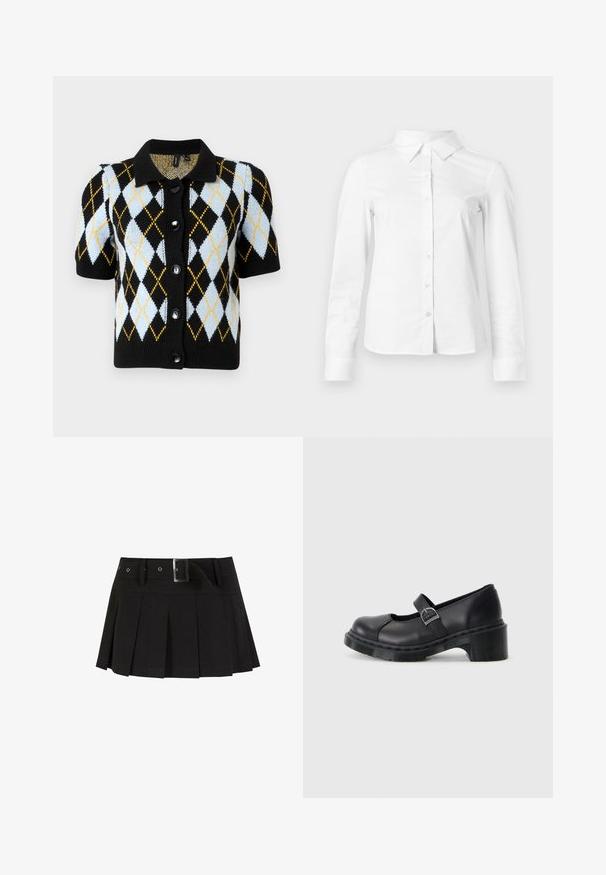 Cardigan noir à manches courtes avec un col, présentant un motif de diamants en bleu clair, noir et jaune. Cinq boutons noirs.; Chemise blanche à manches longues avec boutons, col pointu, ourlet droit et silhouette ajustée, présentée sur un fond clair uni.; Jupe plissée noire avec une ceinture. Confectionnée dans un tissu lisse, avec une boucle en métal argenté et une taille structurée pour plus de style.; Chaussures Mary Jane en cuir noir avec un bout arrondi, une bride ajustable et un talon moyen. Dotées de coutures contrastées et d'une semelle texturée.