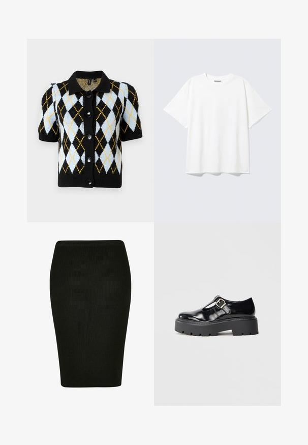 Sort kortærmet cardigan med krave, prydet med et diamantmønster i lyseblå, sort og gul. Fem sorte knapper.; Hvid T-shirt med korte ærmer og rund halsudskæring med en afslappet pasform og et "WEEKDAY" mærke på indersiden af nakken bagtil.; Sort ribbet blyantskjørt med en tætsiddende pasform. Har en høj talje og tekstiler, der giver en glat silhuet.; Sort patenteret læder Mary Jane-sko med sølvspænde og tyk sort chunky sål, præsenteret på en ensfarvet grå baggrund.