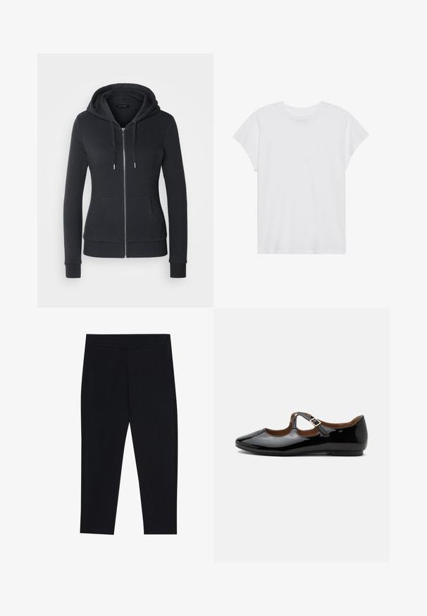 Sudadera con cremallera negra hecha de tejido suave, que presenta una capucha con cordones, bolsillos frontales y puños acanalados para un ajuste seguro.; Camiseta blanca de manga corta con cuello redondo, corte relajado, hecha de suave tela de algodón. Textura lisa, sin estampados ni logotipos.; Leggins negros hechos de una tela elástica, con una cinturilla elástica y una textura suave. Sin patrones visibles ni detalles de hardware.; Zapato plano Mary Jane de charol negro con dos recortes y una correa con hebilla dorada sobre fondo blanco.